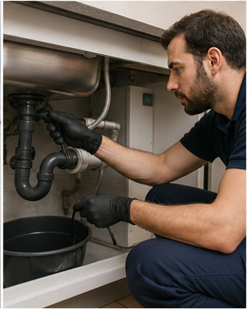 Inspection du siphon et des conduites sous un évier par un plombier à Fleurus