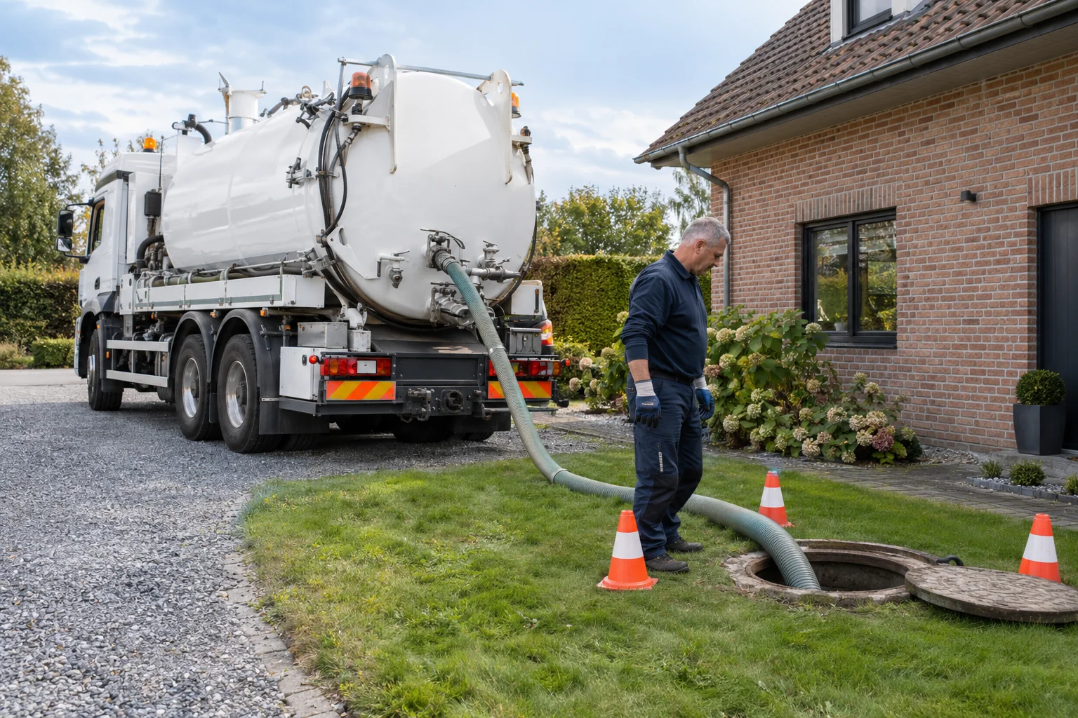 Camion de vidange et technicien intervenant devant une maison à Etterbeek