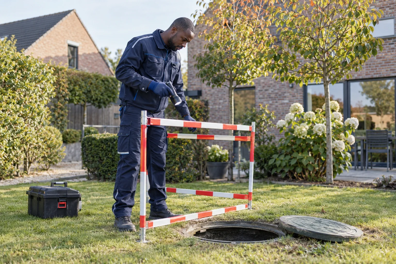 Technicien contrôlant un regard de fosse septique sécurisé à Saint-Gilles