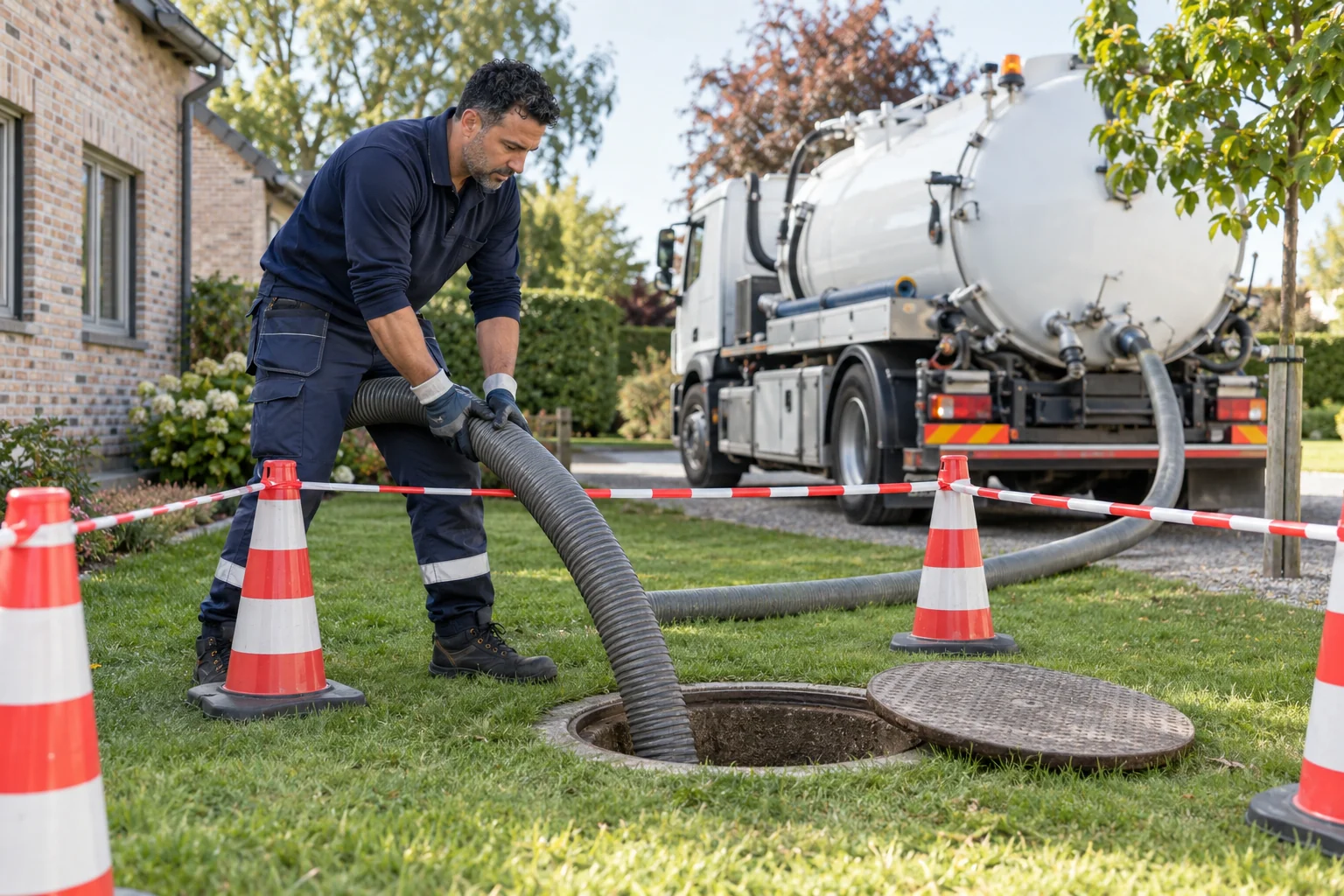 Technicien pompant une fosse septique balisée à Saint-Ghislain