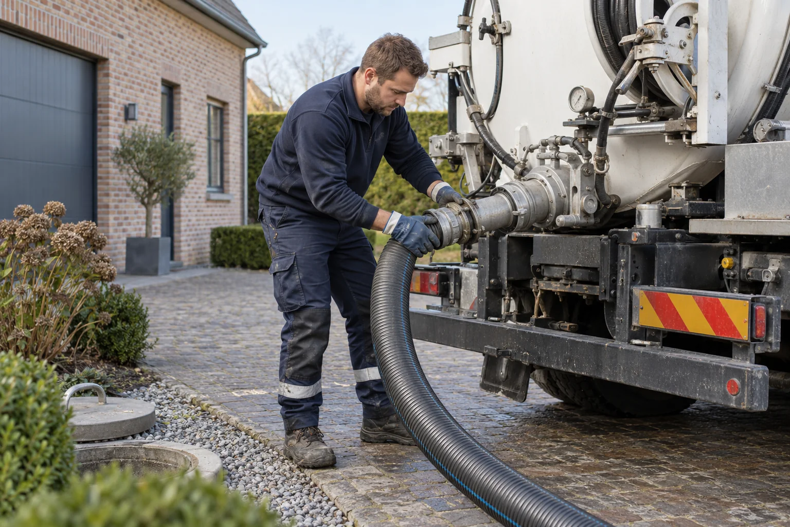 Technicien préparant le tuyau du camion de vidange à Evere