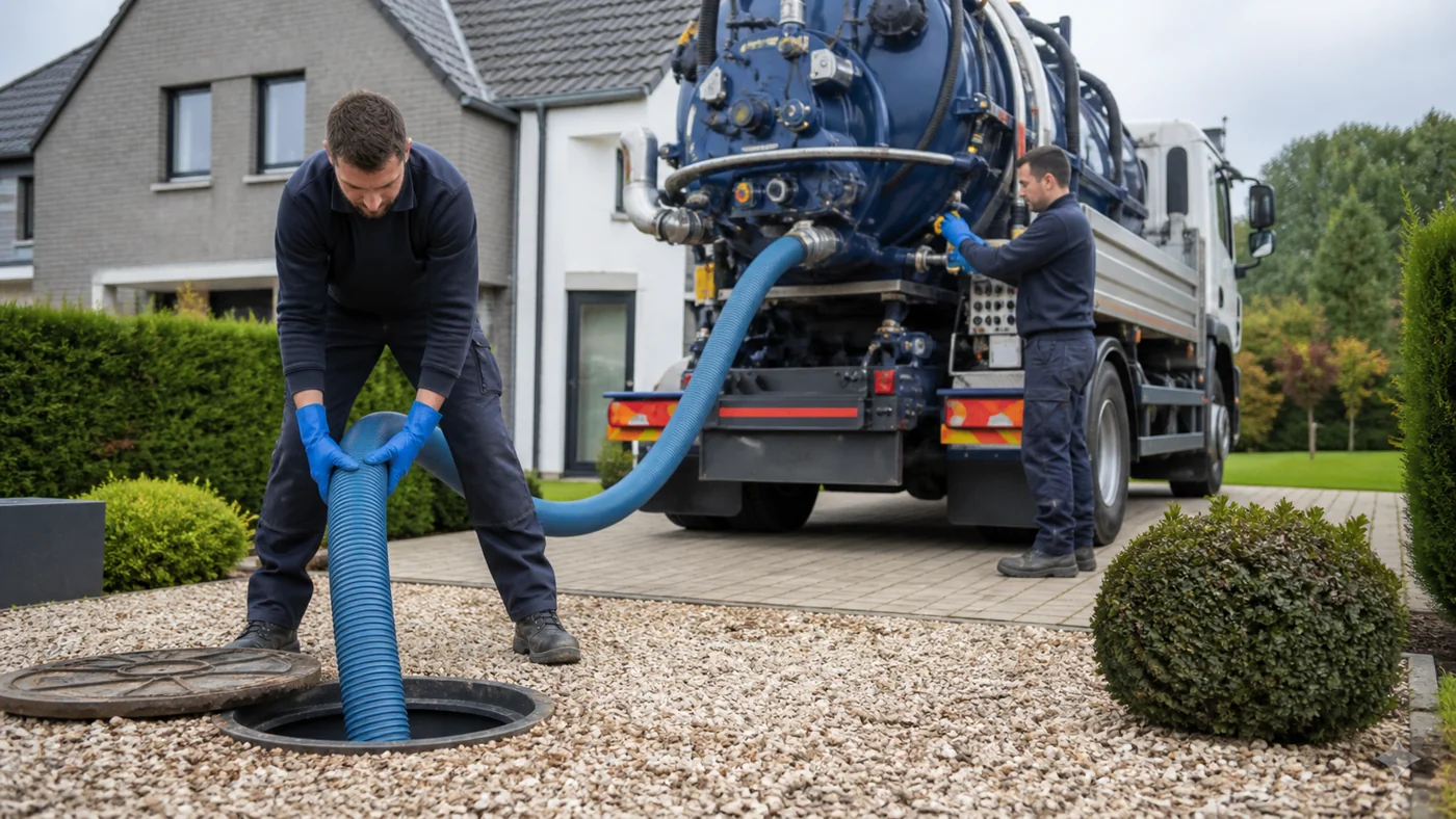 Techniciens réalisant une vidange de fosse septique à Watermael-Boitsfort